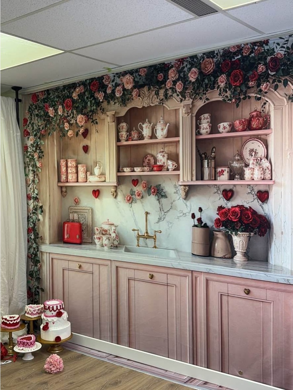 10x8 Valentine’s Floral Kitchen - Kate Backdrop for Photography or Party